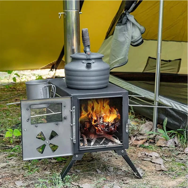 pole a bois pliable portable pour camping et tente , avec chemine amovible
