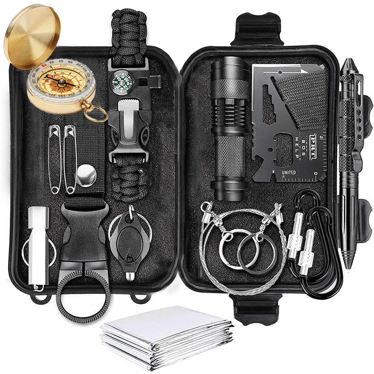Kit de survie 14-en-1 avec boussole et lampe